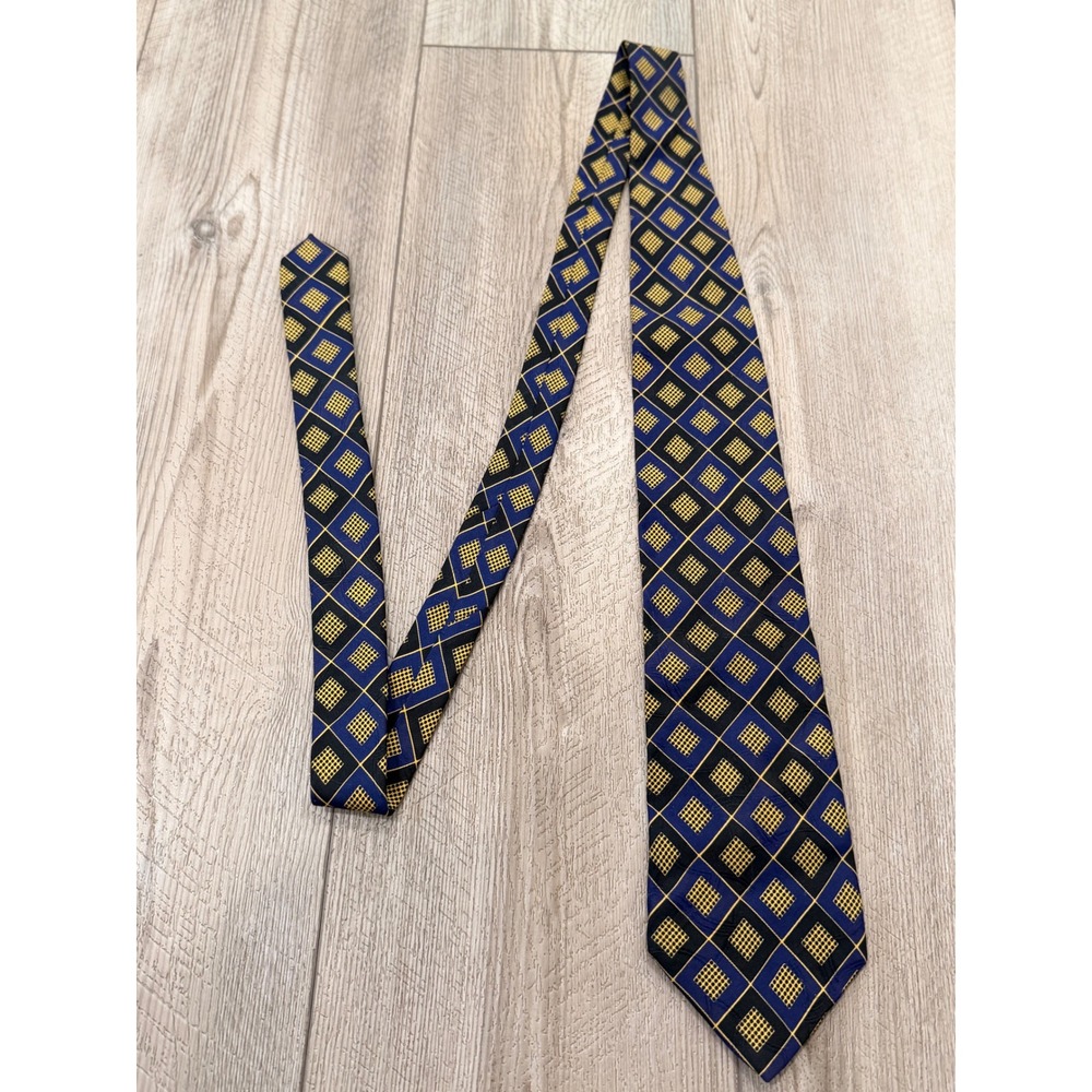 Ermenegildo Zegna Mens Silk Tie Navy Blue Yellow Geometric Diamond Pattern Italy